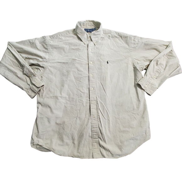 Ralph Lauren Mens Button Up Shirt Tan Size Large Cotton Long Sleeve Blue Pony - Picture 1 of 9